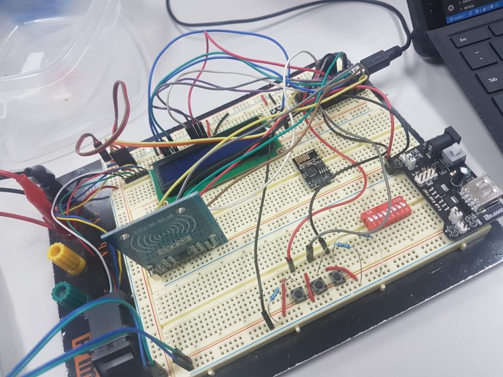 Breadboard prototype with connected electronics and wiring